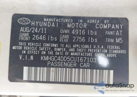 2012 Hyundai Genesis 3.8 z USA, uszkodzony, nr VIN KMHGC4DD5CU167103